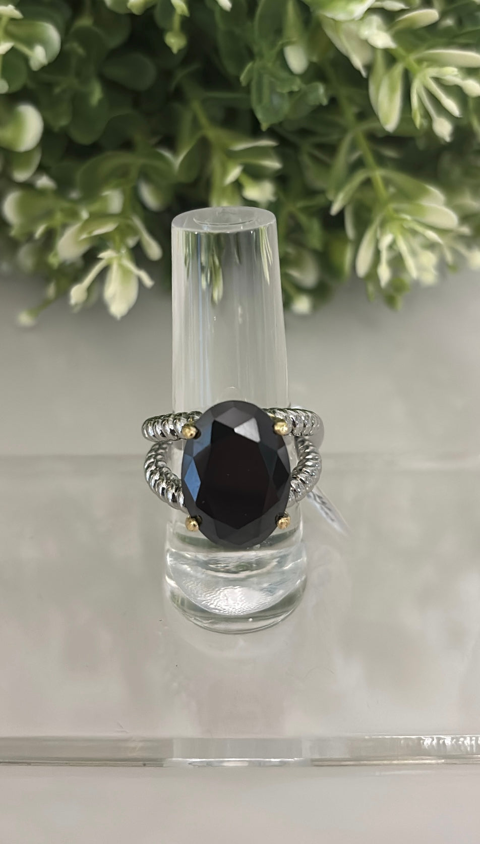 Anillo Piedra Oscura 2 Tonos 14K Rodium