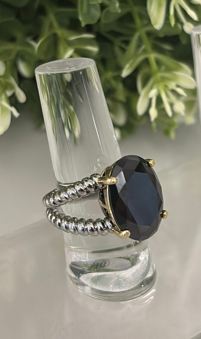 Anillo Piedra Oscura 2 Tonos 14K Rodium